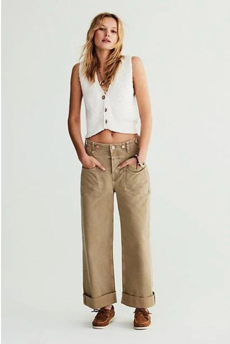 We The Free Khaki Wide Leg Utility Jeans